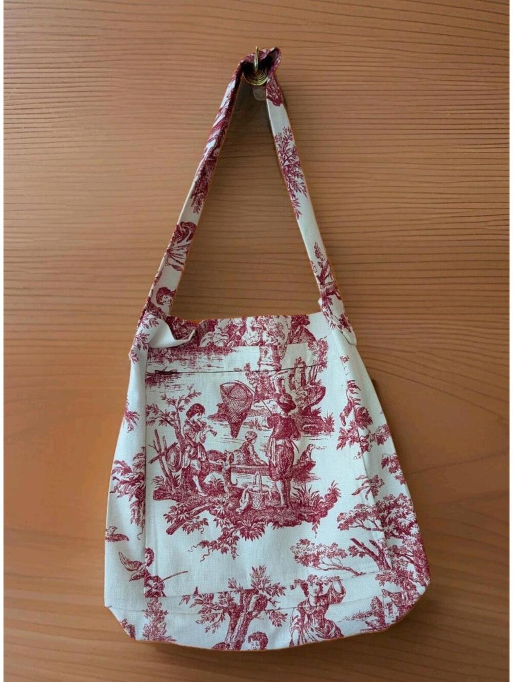 Handmade Toile Print Tote Bag Red White French Country Cottagecore Shoulder Bag